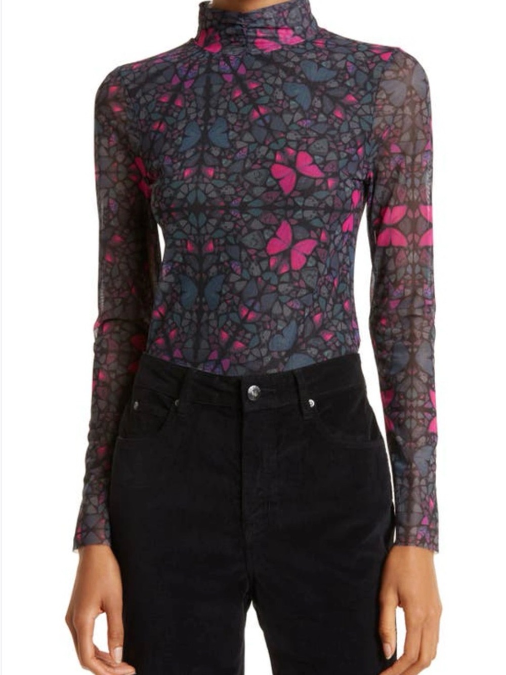 Ted Bake Mesh Long Mock Neck Long Sleeve Top in Charcoal Pink Butterfly Mosaic